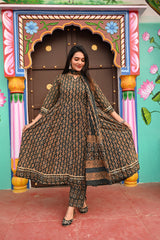 Dark Green Printed Anarkali Set with Matching Dupatta