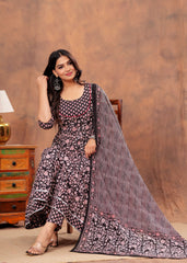 Black & Pink Floral Anarkali Set with Striped Dupatta