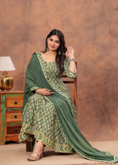 Green Floral Print Anarkali Set with Geometric Dupatta