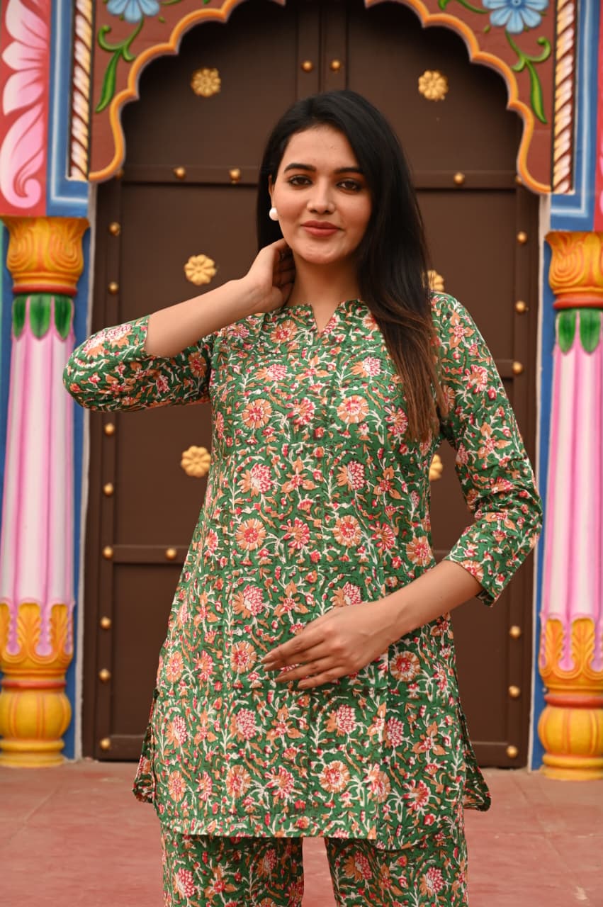 GREEN FLORAL PRINTED COTTON CO-ORD SET
