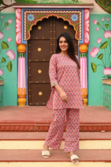 PINK FLORAL GATHERED KURTA CO-ORD SET