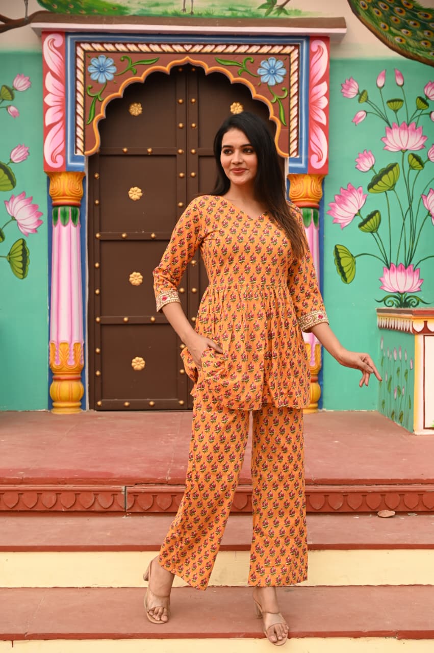 ORANGE FLORAL GATHERED KURTA CO-ORD SET