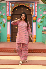 PINK FLORAL GATHERED KURTA CO-ORD SET