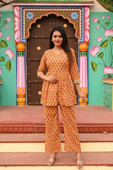 ORANGE FLORAL GATHERED KURTA CO-ORD SET