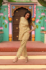 YELLOW GEOMETRIC GATHERED KURTA CO-ORD SET