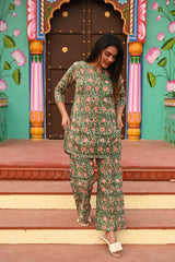 GREEN FLORAL PRINTED COTTON CO-ORD SET