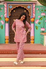 PINK FLORAL GATHERED KURTA CO-ORD SET