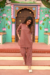 MAROON GEOMETRIC GATHERED KURTA CO-ORD SET