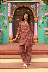 MAROON GEOMETRIC GATHERED KURTA CO-ORD SET