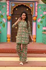 GREEN FLORAL PRINTED COTTON CO-ORD SET