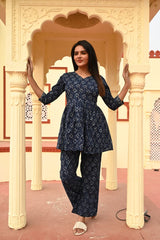 INDIGO BLUE GATHERED KURTA COTTON CO-ORD SET