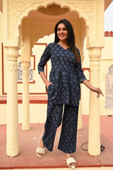 INDIGO BLUE GATHERED KURTA COTTON CO-ORD SET