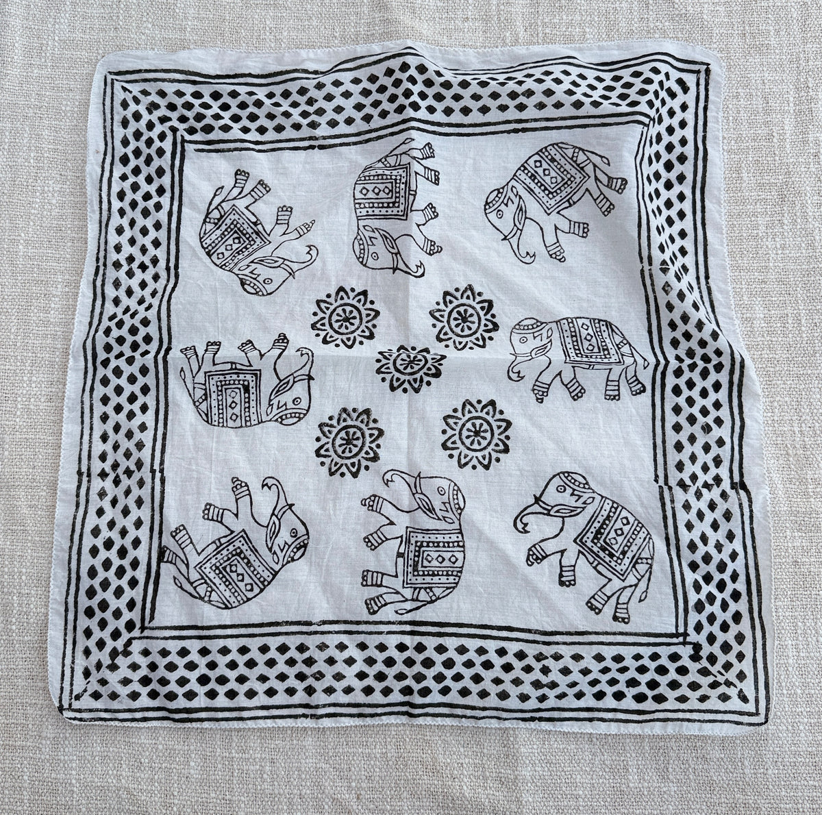 Hand-Block Printed Cotton Bandana – Elephant & Floral Motif