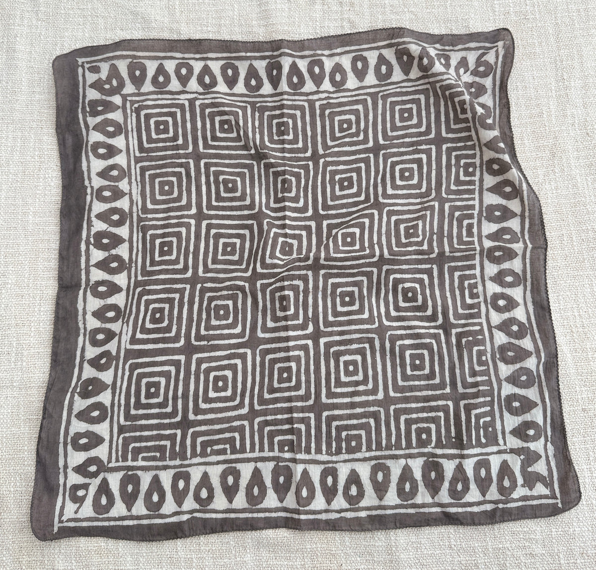 Hand-Block Printed Cotton Bandana – Earthy Brown Geometric Square Pattern