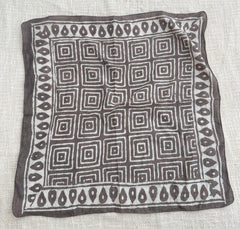 Hand-Block Printed Cotton Bandana – Earthy Brown Geometric Square Pattern