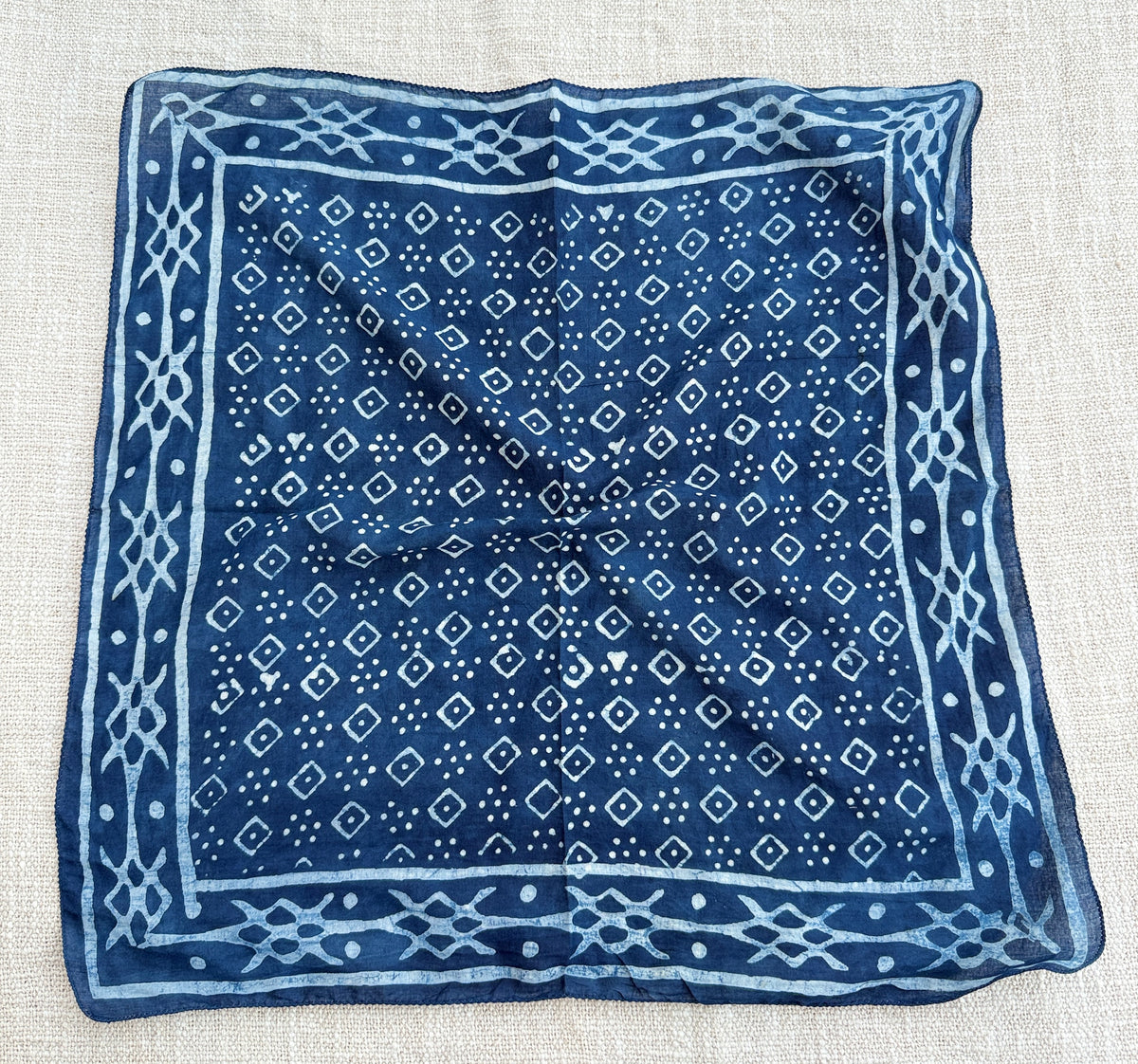 Hand-Block Printed Cotton Bandana – Deep Indigo Geometric Pattern