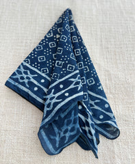 Hand-Block Printed Cotton Bandana – Deep Indigo Geometric Pattern