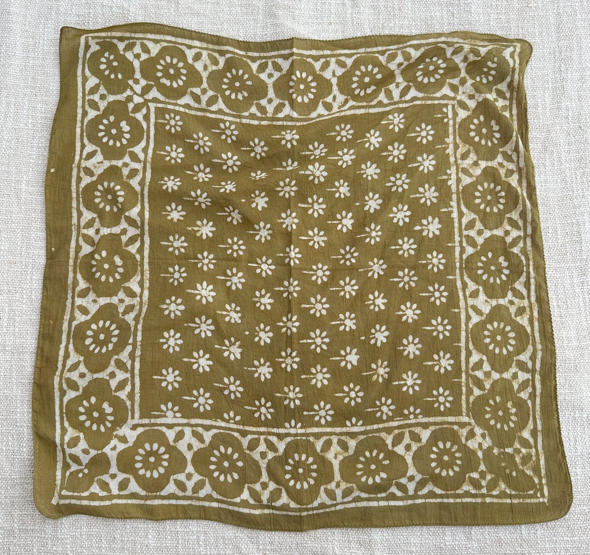 Hand-Block Printed Cotton Bandana – Olive Green Floral Botanical Design