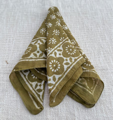 Hand-Block Printed Cotton Bandana – Olive Green Floral Botanical Design