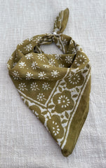 Hand-Block Printed Cotton Bandana – Olive Green Floral Botanical Design