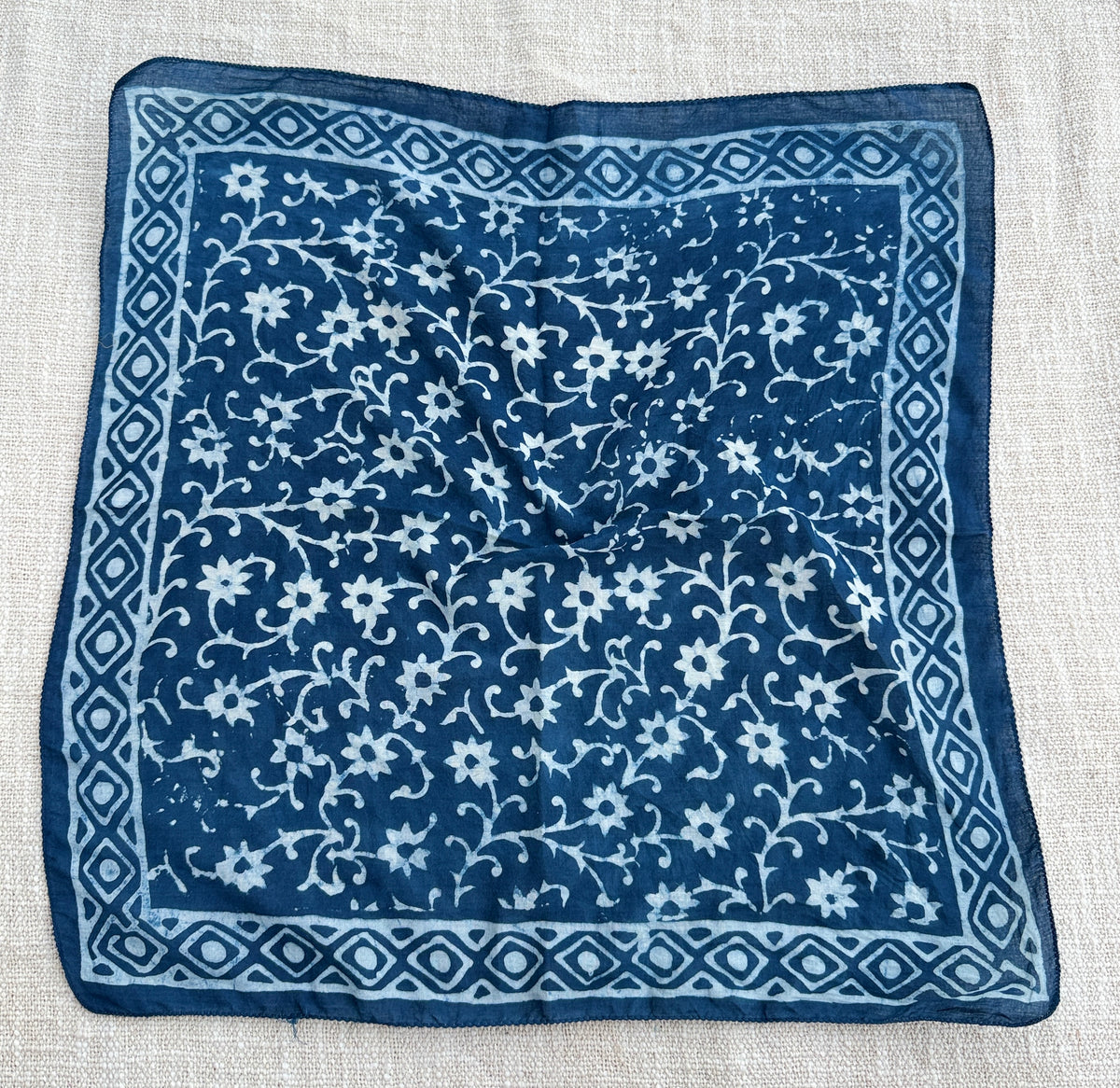Hand-Block Printed Indigo Cotton Bandana / Scarf