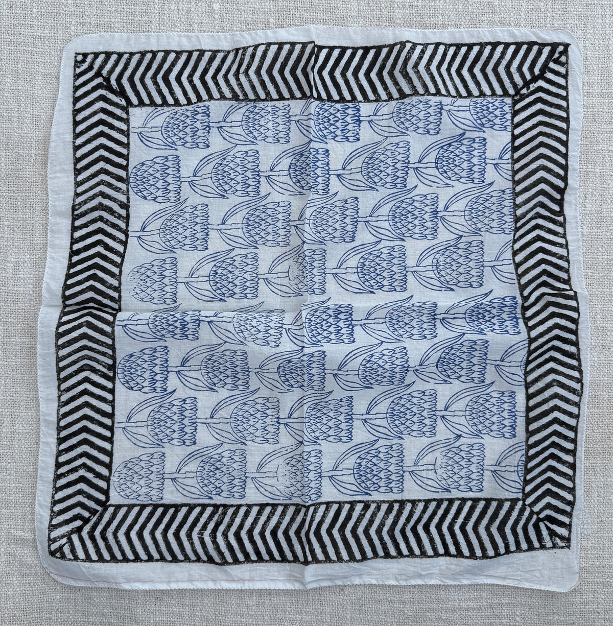 Hand-Block Printed Cotton Bandana – Blue Floral & Chevron Border