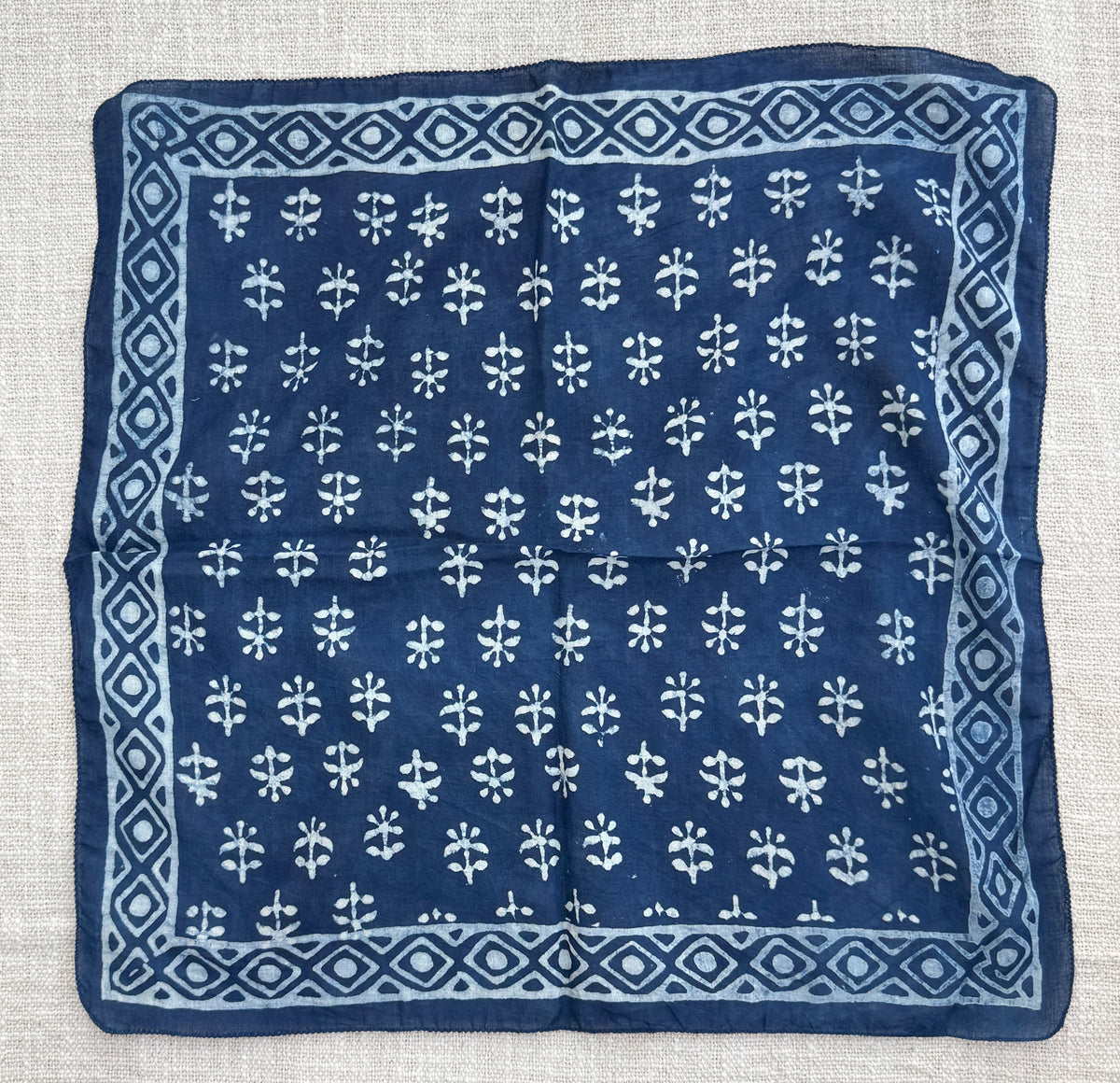 Hand-Block Printed Cotton Bandana – Indigo Floral Motif with Geometric Border