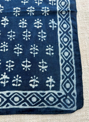 Hand-Block Printed Cotton Bandana – Indigo Floral Motif with Geometric Border