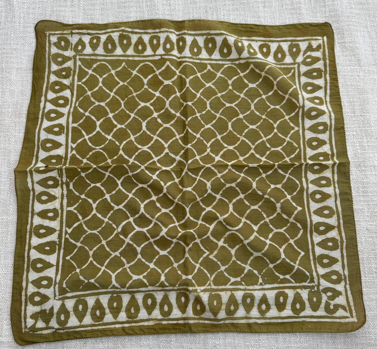 Hand-Block Printed Cotton Bandana – Olive Green Geometric Lattice Design