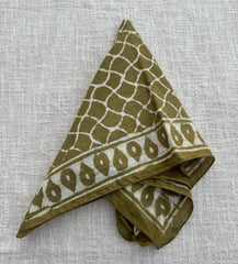 Hand-Block Printed Cotton Bandana – Olive Green Geometric Lattice Design