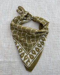 Hand-Block Printed Cotton Bandana – Olive Green Geometric Lattice Design