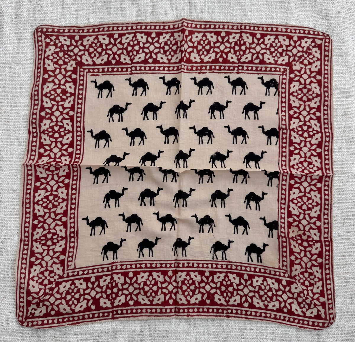 Hand-Block Printed Cotton Bandana – Desert Camel Motif with Red Floral Border