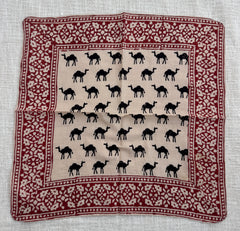 Hand-Block Printed Cotton Bandana – Desert Camel Motif with Red Floral Border