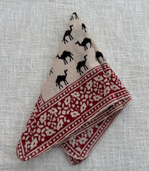 Hand-Block Printed Cotton Bandana – Desert Camel Motif with Red Floral Border