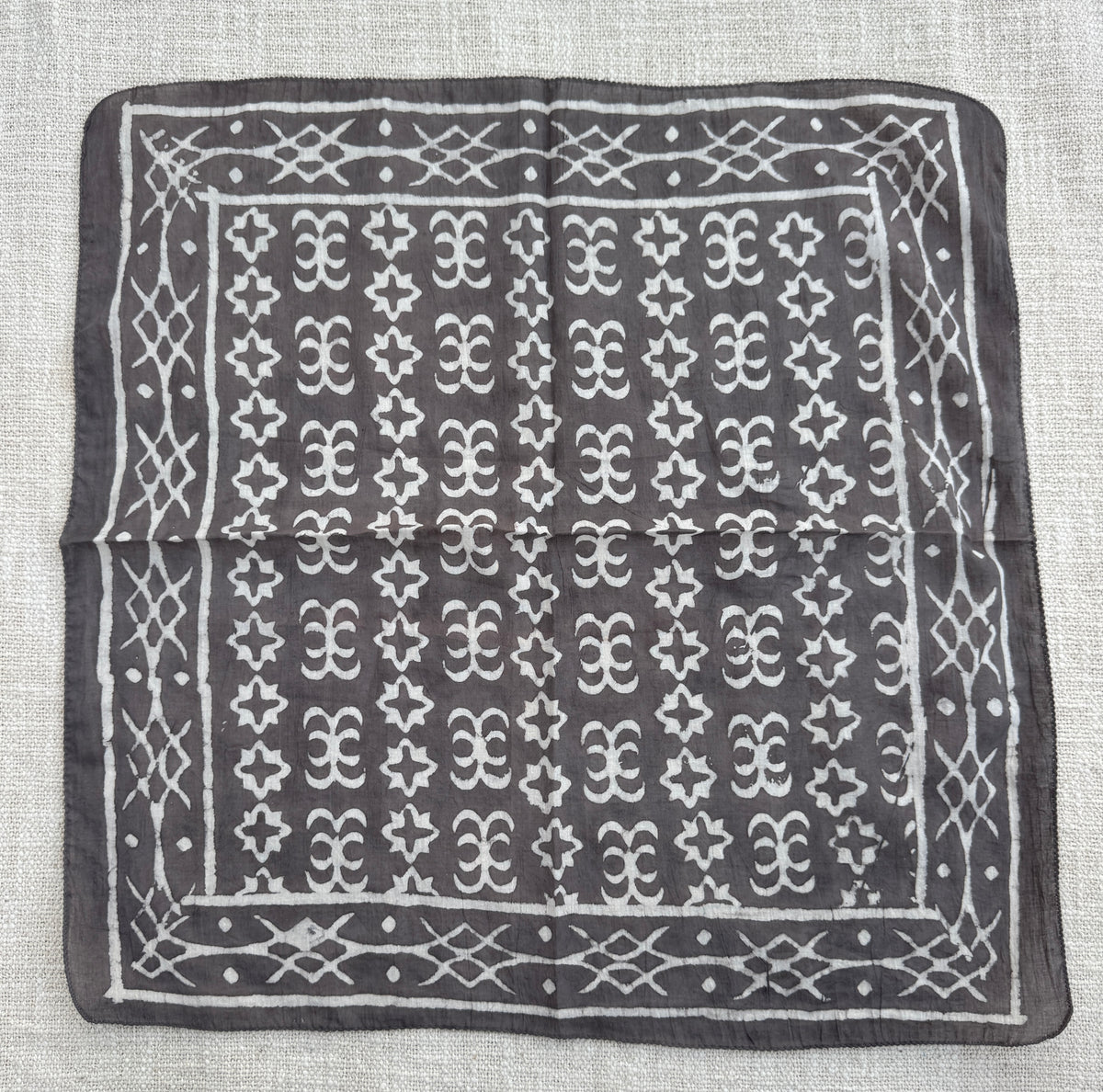 Hand-Block Printed Cotton Bandana – Dark Charcoal Geometric Tribal Print