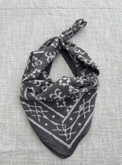 Hand-Block Printed Cotton Bandana – Dark Charcoal Geometric Tribal Print