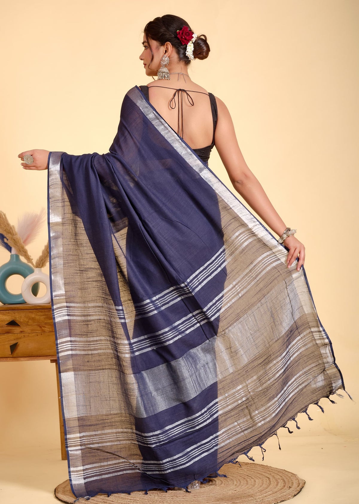 NAVY BLUE LINEN PLAIN SAREE WITH SILVER ZARI BORDER