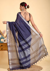 NAVY BLUE LINEN PLAIN SAREE WITH SILVER ZARI BORDER
