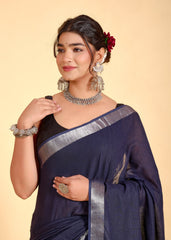 NAVY BLUE LINEN PLAIN SAREE WITH SILVER ZARI BORDER