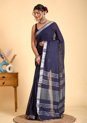 NAVY BLUE LINEN PLAIN SAREE WITH SILVER ZARI BORDER