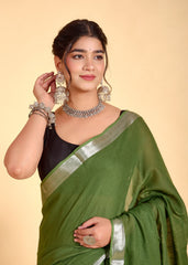 GRACEFUL PLAIN LINEN  SAREE WITH SILVER ZARI BORDER