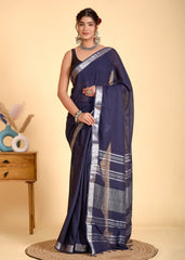 NAVY BLUE LINEN PLAIN SAREE WITH SILVER ZARI BORDER