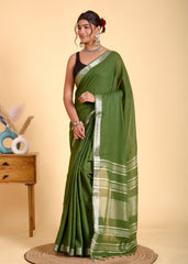 GRACEFUL PLAIN LINEN  SAREE WITH SILVER ZARI BORDER