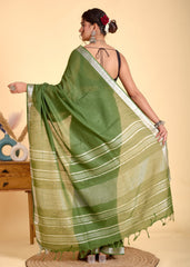 GRACEFUL PLAIN LINEN  SAREE WITH SILVER ZARI BORDER