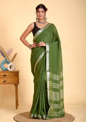 GRACEFUL PLAIN LINEN  SAREE WITH SILVER ZARI BORDER