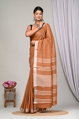 CLASSIC COFFEE BROWNPLAIN LINEN  SAREE WITH SILVER ZARI BORDER