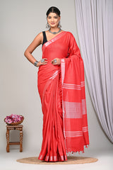 VIBRANT SCARLET REDPLAIN LINEN  SAREE WITH SILVER ZARI BORDER