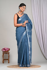 DENIM BLUEPLAIN LINEN  SAREE WITH SILVER ZARI BORDER