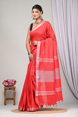 VIBRANT SCARLET REDPLAIN LINEN  SAREE WITH SILVER ZARI BORDER