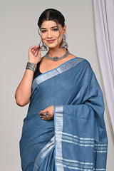 DENIM BLUEPLAIN LINEN  SAREE WITH SILVER ZARI BORDER